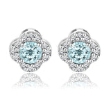 1 carat Beautiful Flower Halo Round Shaped - Aquamarine - March Birthstone Stud Earrings in 18K White Gold over Silver