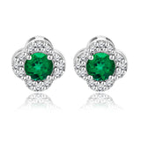 1 carat Beautiful Flower Halo Round Shaped - Emerald - May Birthstone Stud Earrings in 18K White Gold over Silver