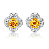 1 carat Beautiful Flower Halo Round Shaped - Citrine - November Birthstone Stud Earrings in 18K White Gold over Silver