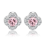 1 carat Beautiful Flower Halo Round Shaped - Pink Tourmaline - October Birthstone Stud Earrings in 18K White Gold over Silver