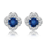 1 carat Beautiful Flower Halo Round Shaped - Blue Sapphire - September Birthstone Stud Earrings in 18K White Gold over Silver