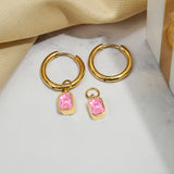 2 Carat Emerald Cut - Pink Tourmaline - October Birthstone Bezel Huggie Hoop Earrings - 18K Yellow Gold Plating
