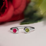 Free Size 2-stone Custom Birthstone Bezel open ring for women in 18k white gold over silver