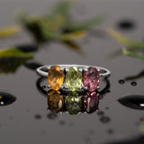 Antique Three stone Oval cut Multi Birthstone Personalized Engagement ring in 18k white gold over silver