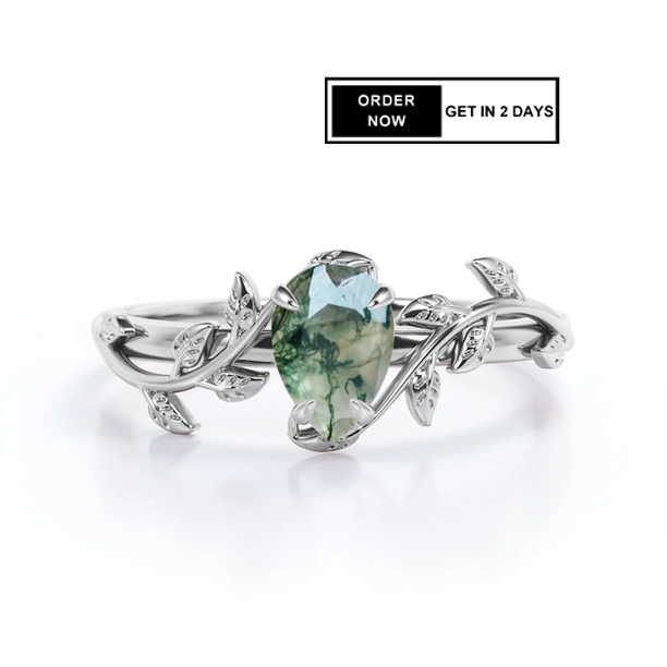1 Ct Pear Green Moss Agate Vine Engagement Ring