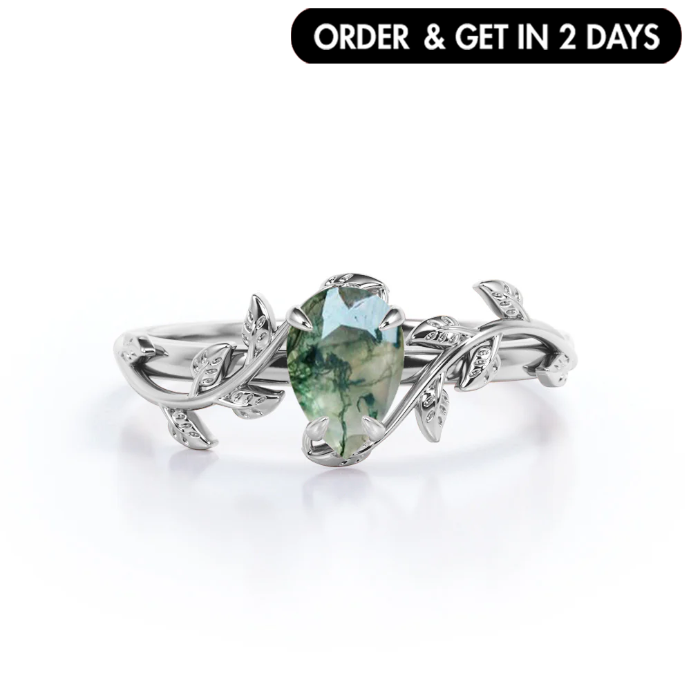 1 Ct Pear Green Moss Agate Vine Engagement Ring