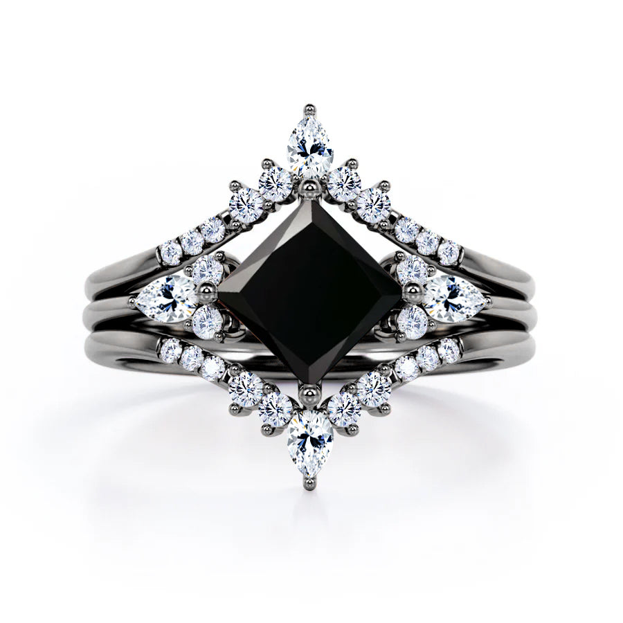 1.25 ct Princess Lab Black Diamond Chevron Trio Ring Set
