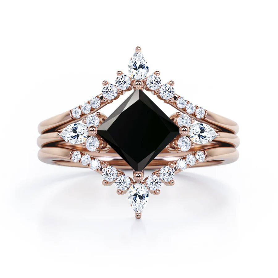 1.25 ct Princess Lab Black Diamond Chevron Trio Ring Set