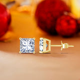 Certified - 4 Prong - 1 Carat Princess Cut Moissanite - Solitaire Stud Earrings - 18K Rose Gold Plating Over Silver