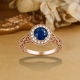 Halo 1.15 Ct Round Cut Blue Sapphire Vintage Engagement Ring