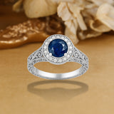Halo 1.15 Ct Round Cut Blue Sapphire Vintage Engagement Ring