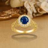 Halo 1.15 Ct Round Cut Blue Sapphire Vintage Engagement Ring