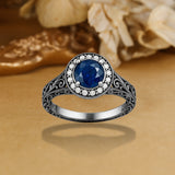 Halo 1.15 Ct Round Cut Blue Sapphire Vintage Engagement Ring