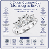 JeenMata 3.5 Carat Cushion Cut Moissanite Rings - Three Stone Engagement Rings in 18K White Gold Plating for Women