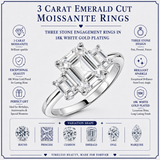 JeenMata 3.25 Carat Emerald Cut Moissanite Rings - Three Stone Engagement Rings in 18K White Gold Plating for Women