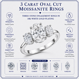 JeenMata 3 Carat Oval Cut Moissanite Rings - Three Stone Engagement Rings in 18K White Gold Plating for Women