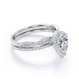 1.25 Carat pear cut Moissanite and Diamond Halo Wedding Ring Set in White Gold