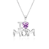 I Love Mom Heart Shaped Purple Stone Pendant Necklace with 18K White Gold over Silver - February Birthstone - Mother's Day Jewelry Gift