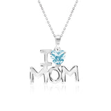 I Love Mom Heart Shaped Light Blue Stone Pendant Necklace with 18K White Gold over Silver - December Birthstone - Mother's Day Jewelry Gift
