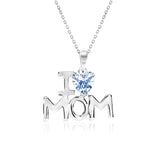 I Love Mom Heart Shaped Ice Blue Stone Pendant Necklace with 18K White Gold over Silver - March Birthstone - Mother's Day Jewelry Gift