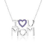 I Love U Mom Multi-Color Purple Stone Embellished Open Heart Pendant Necklace in 18K White Gold over Silver - June Birthstone - Gift for Mom