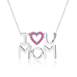 I Love U Mom Strong Strong Red Stone Embellished Open Heart Pendant Necklace in 18K White Gold over Silver - July Birthstone - Gift for Mom