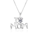 I Love Mom Heart Shaped White Stone Pendant Necklace with 18K White Gold over Silver - April Birthstone - Mother's Day Jewelry Gift