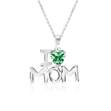 I Love Mom Heart Shaped Dark Green Stone Pendant Necklace with 18K White Gold over Silver - May Birthstone - Mother's Day Jewelry Gift