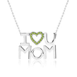 I Love U Mom Light Green Stone Embellished Open Heart Pendant Necklace in 18K White Gold over Silver - August Birthstone - Gift for Mom