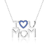I Love U Mom Dark Blue Stone Embellished Open Heart Pendant Necklace in 18K White Gold over Silver - September Birthstone - Gift for Mom