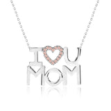 I Love U Mom Pink Stone Embellished Open Heart Pendant Necklace in 18K White Gold over Silver - October Birthstone - Gift for Mom