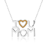 I Love U Mom Yellow Stone Embellished Open Heart Pendant Necklace in 18K White Gold over Silver - November Birthstone - Gift for Mom