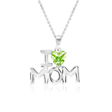 I Love Mom Heart Shaped Light Green Stone Pendant Necklace with 18K White Gold over Silver - August Birthstone - Mother's Day Jewelry Gift