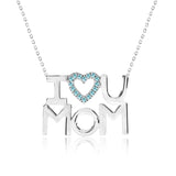 I Love U Mom Light Blue Stone Embellished Open Heart Pendant Necklace in 18K White Gold over Silver - December Birthstone - Gift for Mom