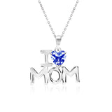 I Love Mom Heart Shaped Dark Blue Stone Pendant Necklace with 18K White Gold over Silver - September Birthstone - Mother's Day Jewelry Gift
