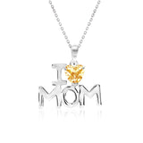 I Love Mom Heart Shaped Yellow Stone Pendant Necklace with 18K White Gold over Silver - November Birthstone - Mother's Day Jewelry Gift