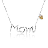 Mom Script Pendant with Yellow Stone Decorated Heart Charm Pendant Necklace in 18K White Gold over Silver - November Birthstone