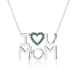 I Love U Mom Dark Green Stone Embellished Open Heart Pendant Necklace in 18K White Gold over Silver - May Birthstone - Gift for Mom
