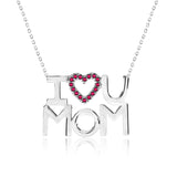I Love U Mom Red Stone Embellished Open Heart Pendant Necklace in 18K White Gold over Silver - January Birthstone - Gift for Mom