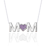 MOM Pendant Necklace - Purple Stone - February Birthstone in 18K White Gold over Sterling Silver