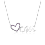 Open Heart Mom with Decorated Purple Stone Pendant Necklace in 18K White Gold over Silver - February Birthstone - Gift for Mom