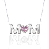 MOM Pendant Necklace - Pink Stone - October Birthstone in 18K White Gold over Sterling Silver