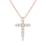 Shared-Prong 0.10 TCW Round Shape Moissanite Pave Style Cross Pendant Necklace in 18K White Gold Plating over Silver
