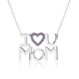I Love U Mom Purple Stone Embellished Open Heart Pendant Necklace in 18K White Gold over Silver - February Birthstone - Gift for Mom