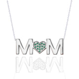 MOM Pendant Necklace - Dark Green Stone - May Birthstone in 18K White Gold over Sterling Silver