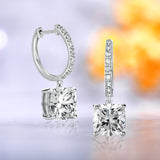 1.75 Carat Cushion Cut Moissanite Hoop Earrings Pave Set with Charm in 18K White Gold over Silver
