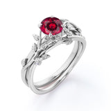 Nature Inspired 1 ct Round Lab-Created Ruby Wedding Set