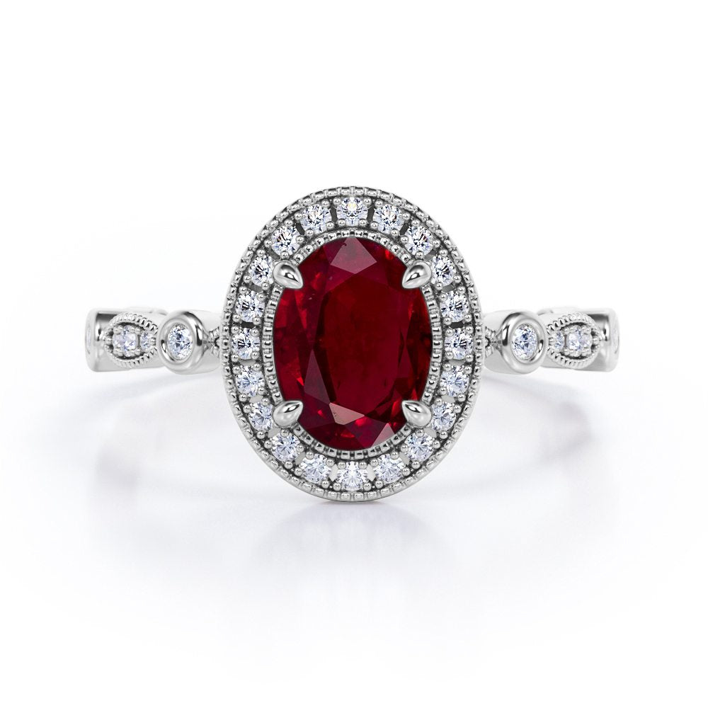 Vintage Halo 1.35 ct Oval Lab-Created Ruby Engagement Ring