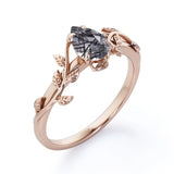 Botanical Design 1 ct Pear Black  Rutilated Quartz Engagement Ring