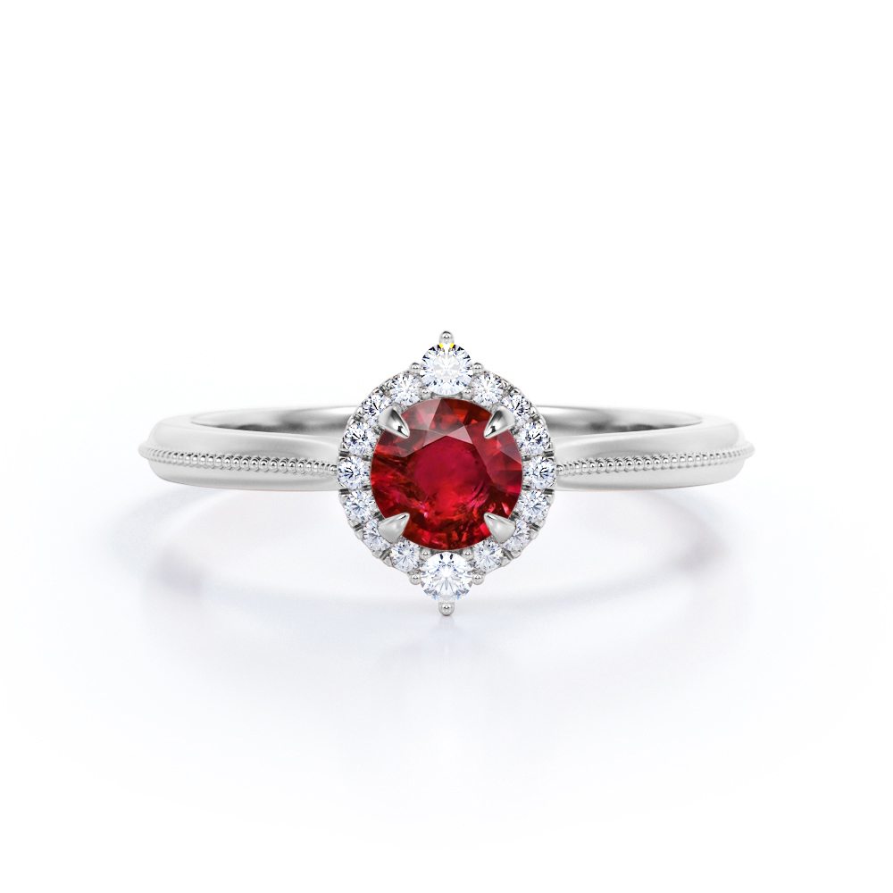 Milgrain 1.10 ct Round Lab-Created Ruby Halo Engagement Ring